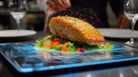 Experience the fusion of culinary art and technology with a beautifully presented grilled salmon dish featuring vibrant vegetables and digital enhancements for a modern dining experience.の素材