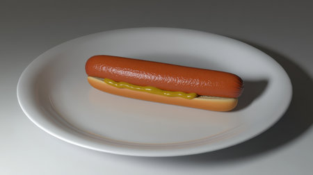 A realistic hot dog served on a white plate with mustard, perfect for culinary photography that represents delicious meals for casual dining and events.の素材