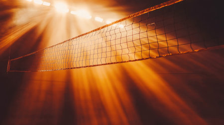 A captivating view of a volleyball net illuminated by dramatic lights creates an intense atmosphere, showcasing the spirit of competition and athleticism in an indoor arena.の素材