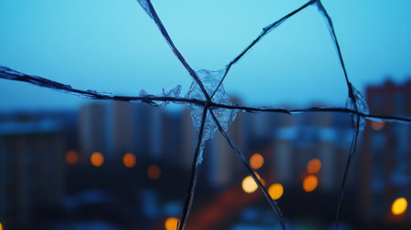 A captivating close-up of broken window glass, showcasing intricate cracks and a blurred cityscape with soft bokeh lights, evoking emotions of decay and resilience.の素材