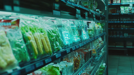 A vibrant supermarket shelf filled with various packaged vegetables, showcasing the importance of fresh produce in modern shopping. Perfect for healthy lifestyle promotion.の素材