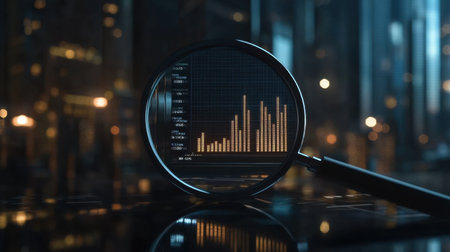 A close-up image showcasing a magnifying glass revealing vibrant bar graphs, symbolizing data-driven insights against a futuristic cityscape illuminated at night.の素材
