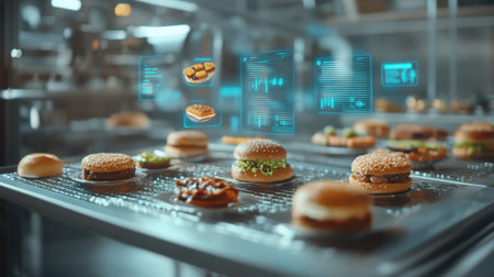A modern kitchen scene featuring innovative food technology with digital displays of burgers and snacks, emphasizing culinary creativity and efficiency in food preparation.の素材
