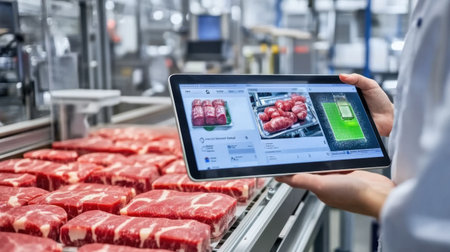 A modern meat processing facility showcasing a worker using a tablet to monitor fresh beef cuts, highlighting technology and quality control in the food industry.の素材