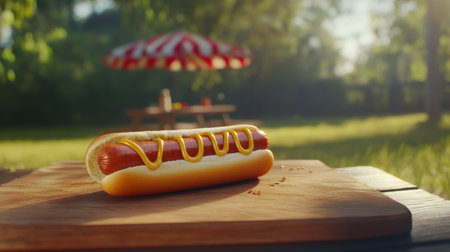 A mouthwatering hot dog topped with mustard rests on a wooden cutting board, surrounded by a picturesque outdoor setting ideal for summer gatherings and barbecues.の素材