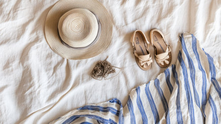A charming summer-inspired flat lay featuring a straw hat, stylish sandals, and light striped fabric, perfect for evoking the essence of leisure and stylish relaxation.の素材