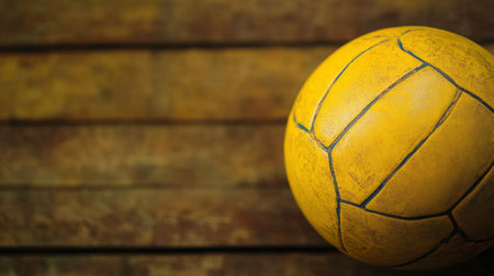 A vintage yellow soccer ball rests on a rustic wooden surface, capturing the essence of sports, leisure, and nostalgia, ideal for various themes in photography and design.の素材