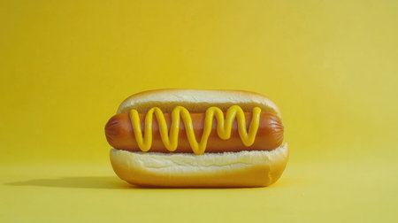 A vibrant hot dog adorned with mustard rests on a bright yellow background, evoking feelings of summer snacks and outdoor gatherings perfect for any food-related projects.の素材