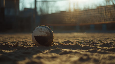 This image captures a lone beach volleyball resting in the warm sand, illuminated by a beautiful sunset, symbolizing the joy of outdoor activities and summer fun.の素材