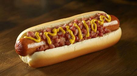A tempting hot dog garnished with mustard and chopped toppings, served on a wooden surface, ideal for outdoor gatherings, summer barbecues, and food lovers.の素材