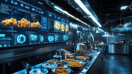 A modern industrial kitchen featuring advanced cooking technology, stainless steel surfaces, and visually captivating culinary presentations ready for delivery or service.の素材