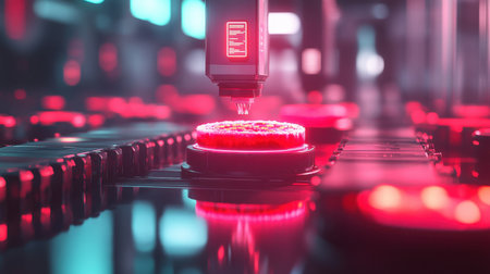 Experience the intersection of technology and culinary artistry in a futuristic kitchen where 3D printing creates innovative dessert cakes with vibrant colors.の素材