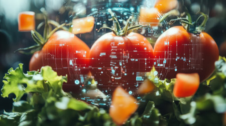 This image showcases three vibrant tomatoes surrounded by digital elements, symbolizing the fusion of agriculture and technology in promoting healthy food choices.の素材