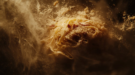 A captivating image of pasta adorned with parmesan cheese, hidden in a cloud of flour, evokes culinary creativity and invites your taste buds to explore Italian cuisine.の素材