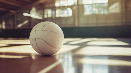 A serene moment captures a white basketball resting on a polished wooden floor, illuminated by gentle sunlight that enhances the peaceful ambiance of indoor sports.の素材