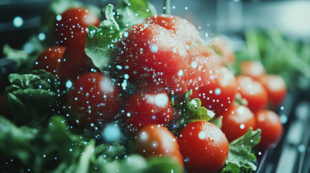 A stunning visual of fresh tomatoes and crisp lettuce, enhanced with sparkles and bokeh effects, showcasing vibrant colors to highlight healthy eating and culinary creativity.の素材