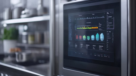 Modern smart refrigerator featuring a high-tech interface that displays nutritional information and temperature data, enhancing kitchen efficiency and user experience.の素材