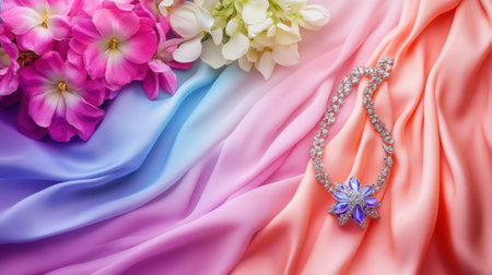 A stunning composition featuring flowers, colorful fabric, and an elegant necklace, ideal for showcasing beauty and luxury in fashion-themed photography.の素材