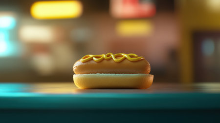 A mouthwatering hot dog adorned with creamy mustard is presented on a sleek wooden table, perfect for any casual dining experience or outdoor picnic occasion.の素材