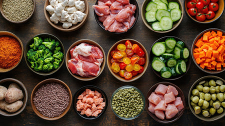 A visually appealing arrangement of fresh ingredients showcasing diverse vegetables, meats, and spices ready for meal preparation on a rustic wooden table.の素材