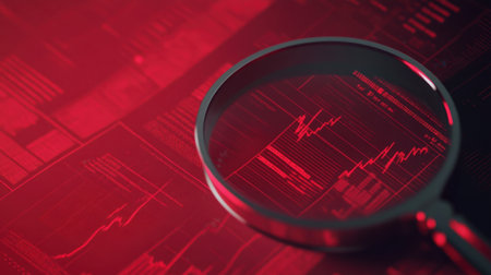 A detailed close-up of a magnifying glass highlighting financial data charts, symbolizing thorough inspection and analysis in a corporate setting focused on market trends.の素材