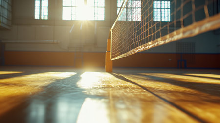 A volleyball net in an indoor gym is illuminated by soft, golden sunlight, creating a warm and inviting atmosphere on the polished wooden floor.の素材