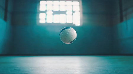 A captivating view of a volleyball floating in mid-air, illuminated by soft light in a serene indoor gymnasium, highlighting the beauty of sports and movement.の素材