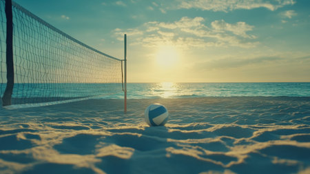 A peaceful beach volleyball scene during sunset, showcasing a vibrant sky, soft sand, and calm ocean waves, perfect for relaxation and outdoor activities.の素材