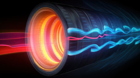 An artistic depiction of energy flow in a high-speed circular tube, showcasing dynamic colors like blue, red, and orange to represent movement and technological advancement.の素材