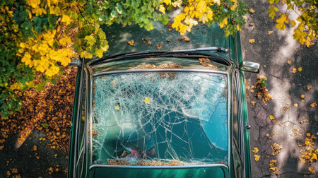 A captivating overhead view of an abandoned car with a shattered windshield, surrounded by vibrant autumn leaves, highlighting urban decay and natureの素材