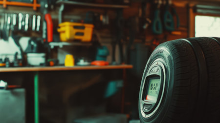 A vibrant close-up of a tire showcasing a pressure gauge, set against an organized automotive workshop filled with various tools, ideal for maintenance and repair activities.の素材