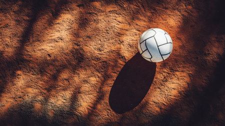 A striking close-up of a white volleyball resting on a brown sandy surface, with shadows creating an engaging scene that highlights the sporting atmosphere and activity.の素材