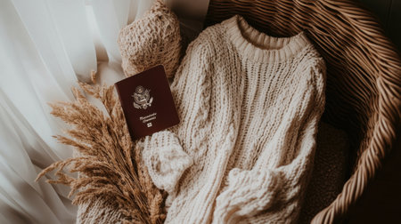 A warm and inviting autumn scene showcasing a soft knit sweater, a passport, and natural elements, perfect for evoking feelings of travel, comfort, and cozy home vibes.の素材