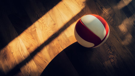 A captivating volleyball rests on a polished wooden floor, beautifully illuminated by sunlight, creating dramatic shadows that evoke the spirit of athleticism and playfulness in sports.の素材