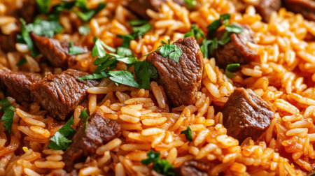 This flavorful rice dish features tender beef chunks mixed with spices, fresh herbs, and a rich tomato sauce, creating a perfect meal for gatherings or family dinners.の素材