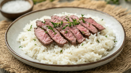 A beautifully presented dish featuring tender sliced steak on fluffy white rice, garnished with fresh herbs, perfect for a gourmet dining experience.の素材