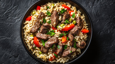 A vibrant and flavorful beef stir-fry featuring tender strips of beef, fresh bell peppers, and green peas, all served over fluffy rice for a satisfying meal.の素材