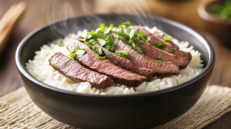 A mouthwatering bowl of white rice topped with juicy grilled beef slices and fresh herbs, perfect for culinary presentations and food lovers alike.の素材