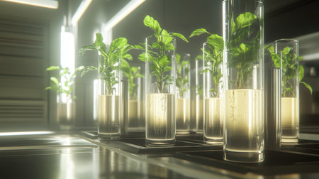 Discover a serene indoor environment featuring vibrant green plants thriving in glass vases filled with nutrient-rich water, ideal for modern hydroponic gardening.の素材