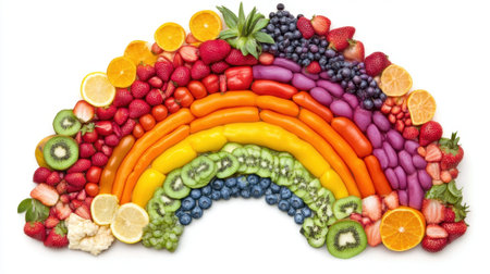 A stunning arrangement of fresh fruits and vegetables in a rainbow pattern, promoting healthy eating with its vibrant colors and appealing presentation for culinary enthusiasts.の素材