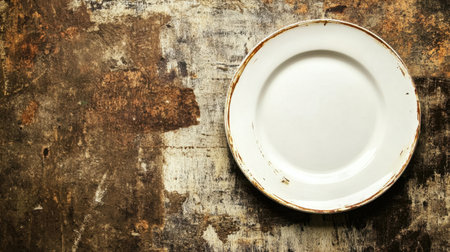 A rustic white plate rests on a textured vintage wooden table, evoking a warm, inviting atmosphere perfect for culinary presentations or as a decorative element.の素材