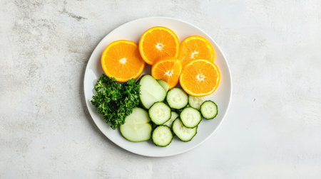 An eye-catching display of sliced oranges, cucumber, and kale arranged on a white plate, highlighting the beauty of fresh ingredients for healthy eating.の素材