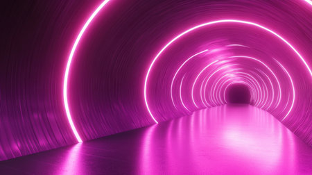 A captivating abstract tunnel featuring illuminated pink neon lights, creating a surreal and futuristic atmosphere perfect for artistic projects or digital designs.の素材