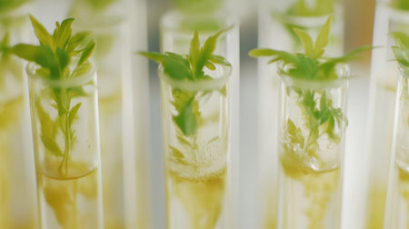 Showcasing fresh green plants thriving in clear test tubes, this image encapsulates the essence of botanical research, innovation, and sustainable practices in a modern laboratory.の素材