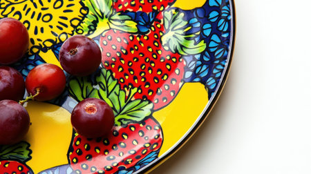 A vibrant plate displays fresh grapes and strawberries, featuring a colorful pattern that enhances the overall aesthetic, perfect for food photography and healthy lifestyle themes.の素材
