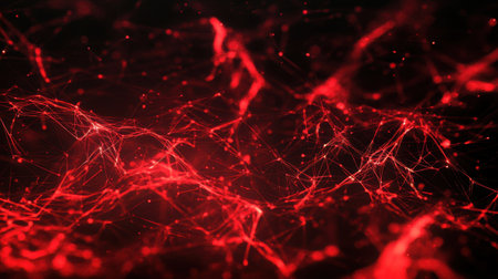 A striking abstract red digital background featuring intricate lines and glowing particles, ideal for technology and modern design projects that emphasize connectivity and innovation.の素材