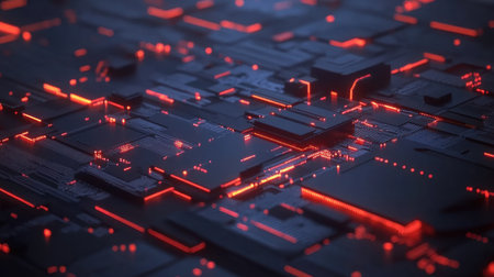 Intricate abstract digital landscape featuring glowing circuitry and vibrant neon highlights, perfect for modern tech themes and digital design projects.の素材