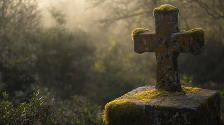 A beautiful, moss-covered stone cross stands majestically in a misty forest, creating an atmosphere of peace and tranquility perfect for reflection and contemplation.の素材