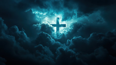 A stunning image of a cross emerging from dark, swirling clouds, illuminated by soft light, symbolizing hope and spirituality in a serene and dramatic atmosphere.の素材