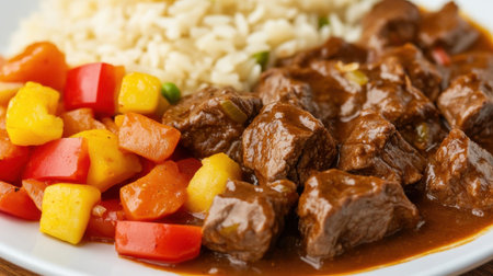 A vibrant plate featuring tender beef stew alongside fluffy rice and a medley of fresh vegetables, offering a delightful experience for food lovers and culinary enthusiasts alike.の素材